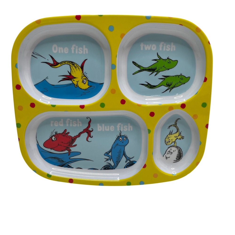 Bumkins Dr Seuss One Fish Two Fish‎ Melamine Divided Plate Yellow 4 Section Tray